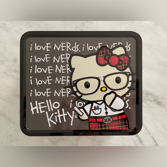 HELLO KITTY “I LOVE NERDS” TIN LUNCH BOX BY LOUNGEFLY, MINT - Picture 2 of 7